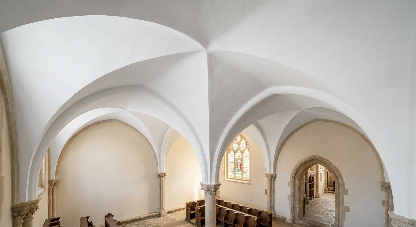 Illustration: Kirchenraum mit weißem Kreuzgewölbe, dessen Wölbungen als durchgehend glatte, fugenlose Fläche beschichtet sind; darunter Säulen, Kirchenbänke und ein Buntglasfenster.